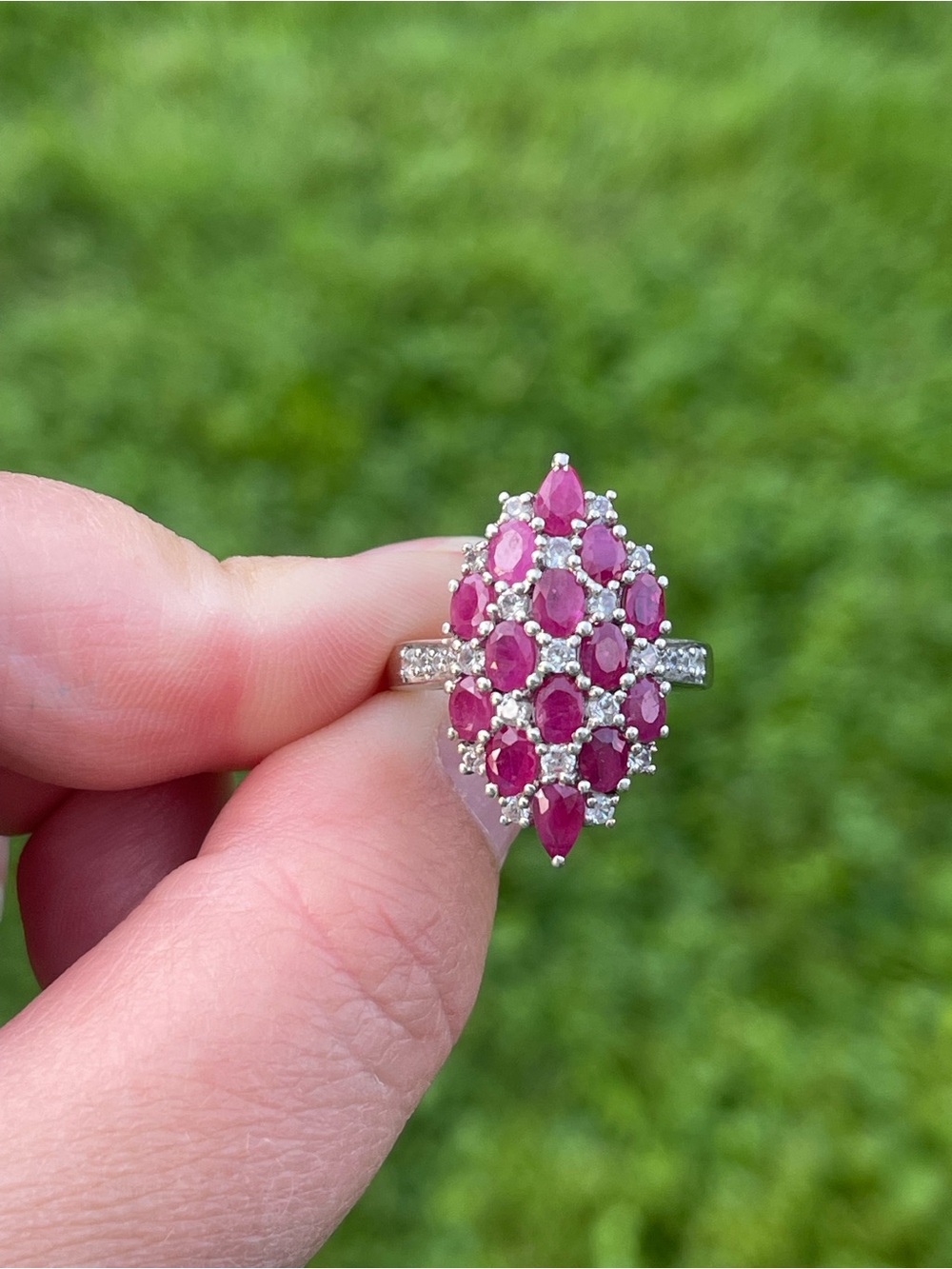 Ruby and White Zircon Cluster Ring